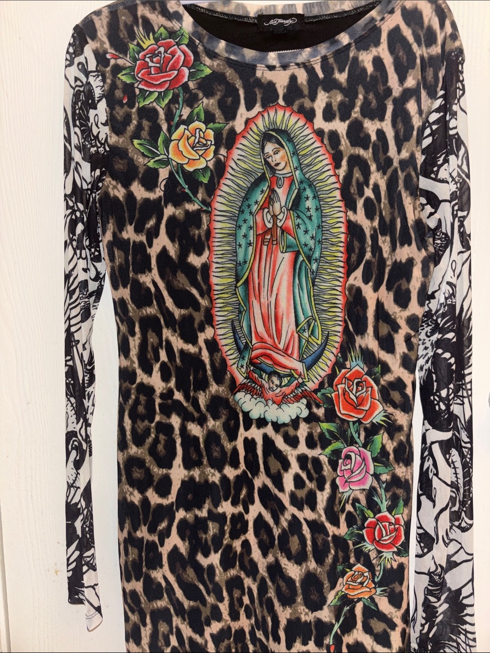 Ed Hardy Leopard Virgin Mary Long Sleeve Min Dress Size L